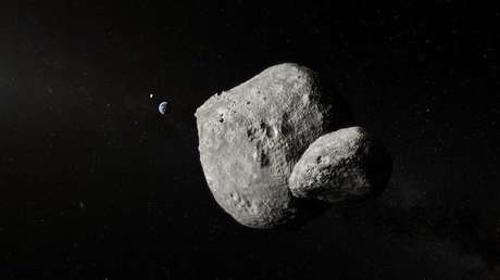 Representación del asteroide doble 1999 KW4 durante su sobrevuelo cerca de la Tierra.
