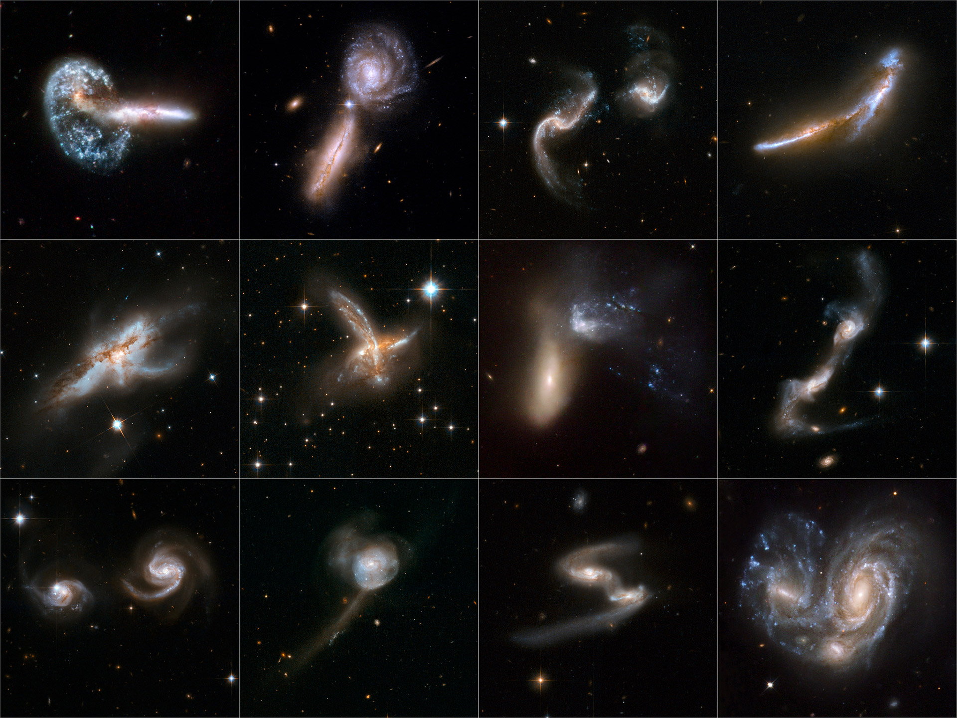 Publicadas para celebrar el 18º aniversario del lanzamiento del Telescopio Espacial Hubble, estas vistas ilustran cómo las colisiones de galaxias producen una notable variedad de estructuras intrincadas