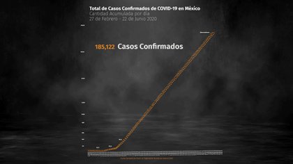 Así ha crecido la curva de casos confirmados en México desde finales de febrero, cuando comenzó la epidemia (Foto: Steve Allen/ Infobae México)
