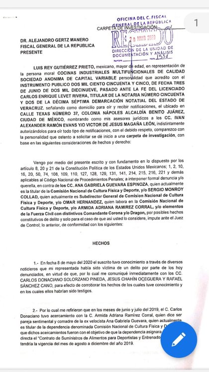 Parte de la denuncia presentada ante la FGR (Foto: Twitter/ @arteaganoticias)