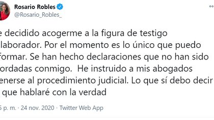 Rosario Robles confirmó a través de twitter que busca convertirse en testigo colaborador (Foto: Twitter/@Rosario_Robles_)