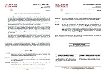 El 25 de noviembre, la Secretaría de Relaciones exteriores clasificó por 5 años la nota diplomática (Foto: Secretaría de Relaciones Exteriores)