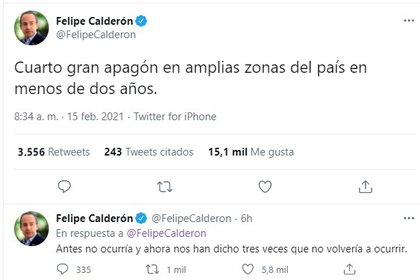 Tuit de Felipe Calderón respecto al apagón en el norte de México 
(Foto: captura de pantalla de Twitter @FelipeCalderon)