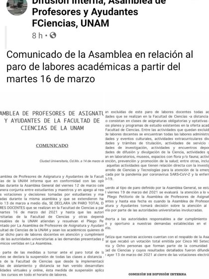 La Asamblea de Profesores de la UNAM declaró un paro total de labores docentes a partir del próximo martes 16 de marzo (Foto: Facebook/ @Difusión Interna UNAM)