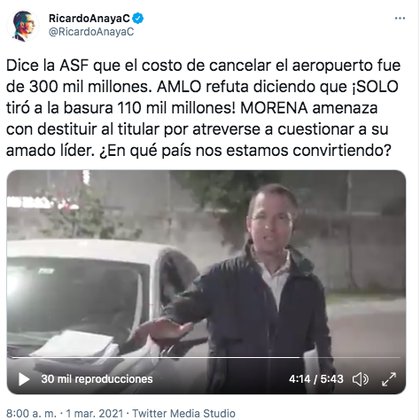 (Captura de pantalla: Twitter @RicardoAnayaC)