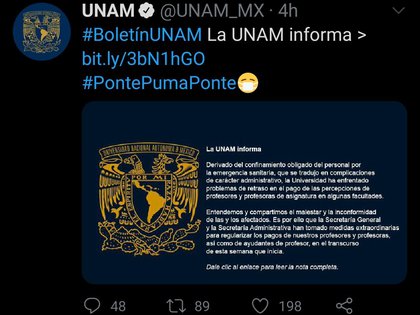 La institución indicó que la Secretaría General y la Secretaría de Administración han tomado medidas extraordinarias para regularizar la paga del personal docente (Foto: Twitter/ @UNAM_MX)