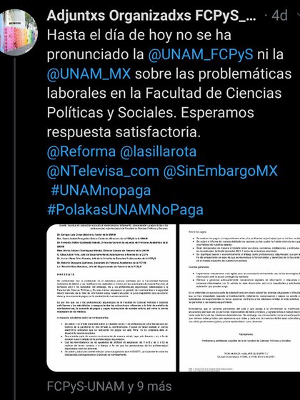 Además del incumplimiento de pago en la Facultad de Ciencias, usuarios de Twitter que laboran como profesores adjuntos también señalaron no haber recibido respuesta a sus demandas (Foto: Twitter/ @adjuntxs)