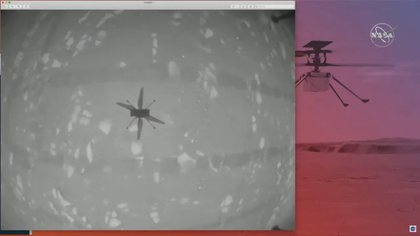 La sombra del helicóptero Marte de la NASA se ve durante su primer vuelo en esta imagen tomada de un video (NASA)