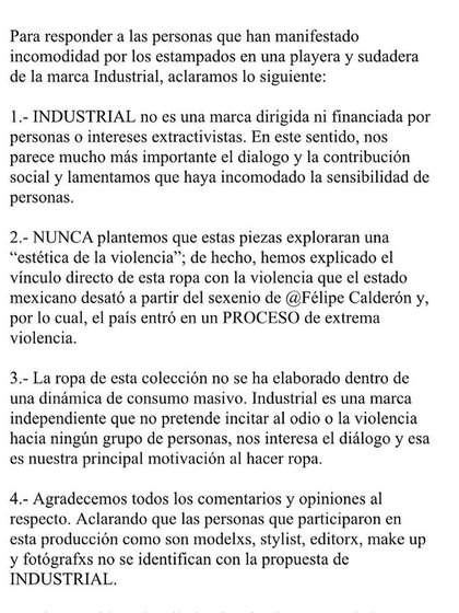 Pidieron su “más sincera disculpa” e informaron que el contenido había sido eliminado y que la playera y la sudadera con los estampados ya no estarán a la venta (Foto: Instagram/@industrialmx)