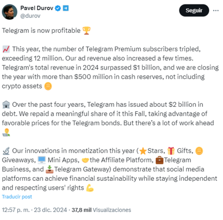 Tweet de Pavel Durov explicando los ingresos de Telegram | Captura: Xataka