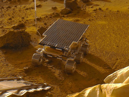 El rover Sojourner de la NASA tras descender de la rampa