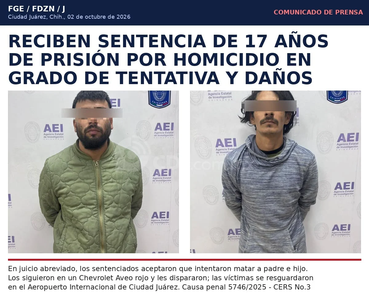 Dan 17 años de prisión a dos hombres por intentar matar a padre e hijo en Juárez